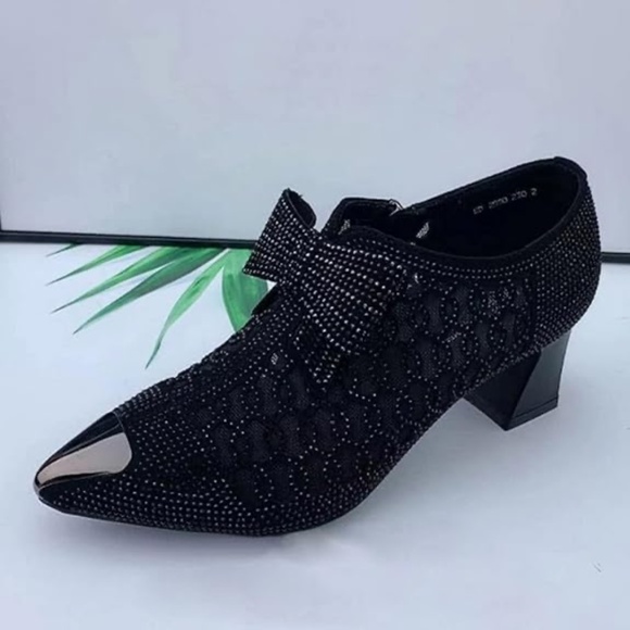 Sparkly Rhinestone Sandal Bootie Bowknot Pointed Toe Net Yarn Chunky Heel, 10.5 - Picture 3 of 16